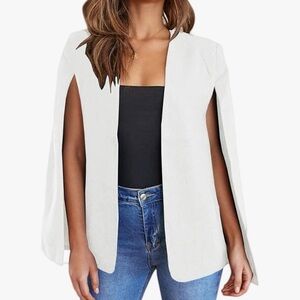 White Size Medium Solid Color Cape Blazer Split Sleeve Open Front white top